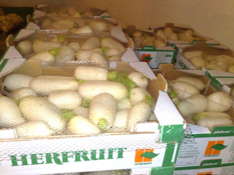 Caja con nabos preparados para distribución