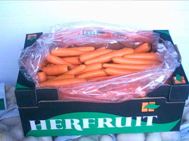 Caja con zanahorias preparadas para distribución